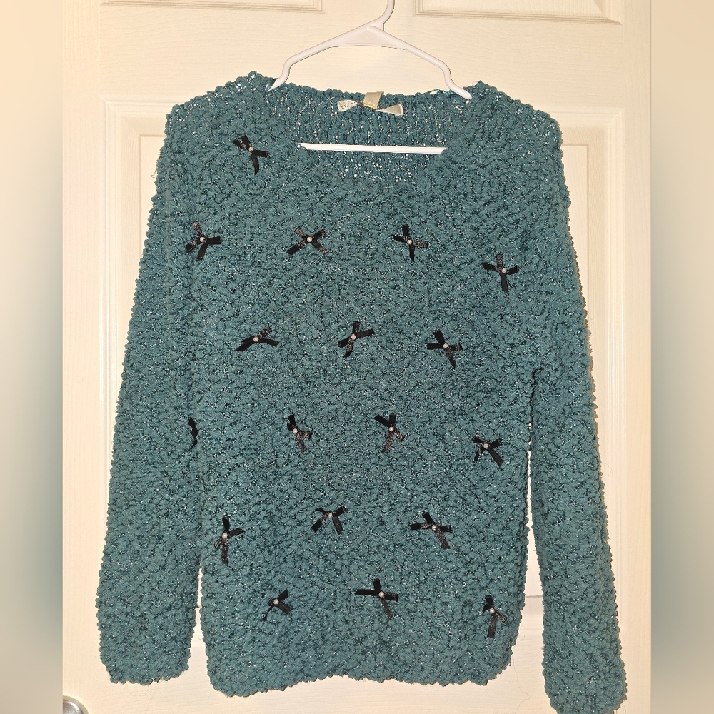 Knitted Teal Sweater with Black Accents
